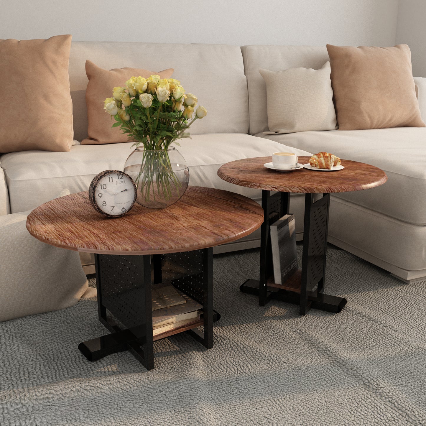 Modern Nesting Coffee Table, Wooden Round center Table